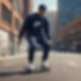 A navy Nike crewneck displayed on a skateboard in an urban setting