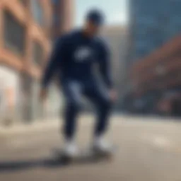 A navy Nike crewneck displayed on a skateboard in an urban setting