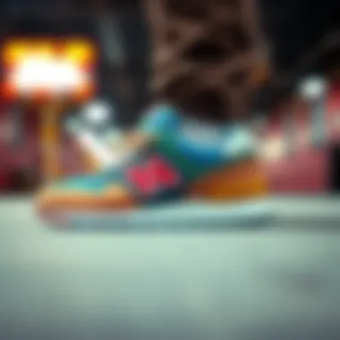 Dynamic shot of New Balance 574 multicolor sneaker showcasing its vibrant design