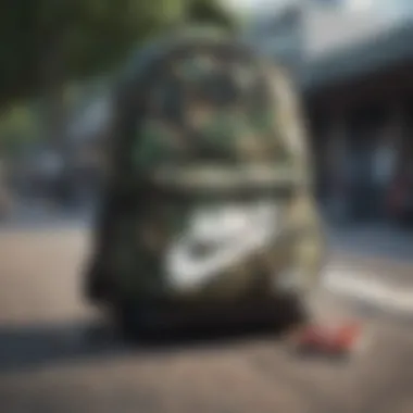 Nike camouflage backpack in action during a skateboarding session