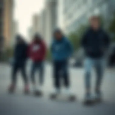 Group of skateboarders wearing Nike fleece trackpants in an urban setting
