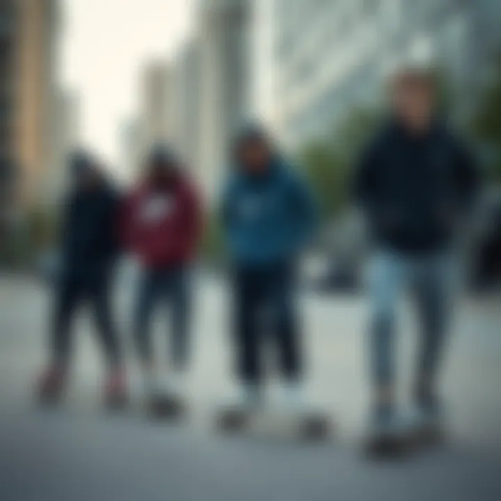 Group of skateboarders wearing Nike fleece trackpants in an urban setting
