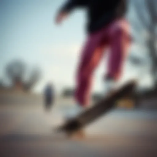 A skater in Nike fleece trackpants performing a trick on a skateboard