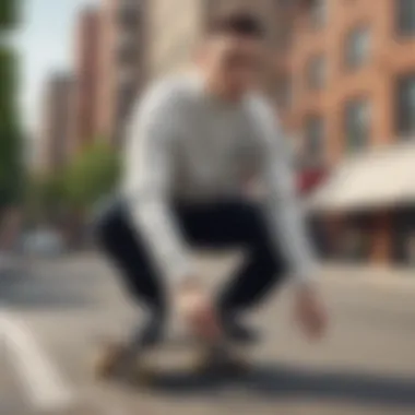 Athlete wearing a Nike mock turtle neck in an urban skateboarding setting