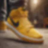 Close-up view of Nike mustard yellow shoes showcasing their unique design elements