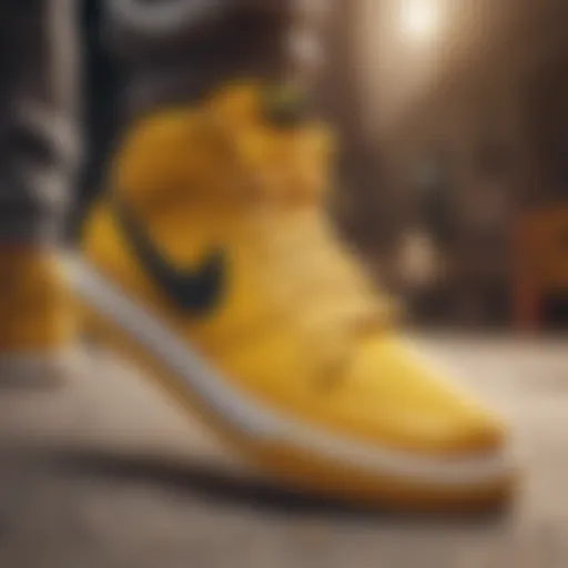 Close-up view of Nike mustard yellow shoes showcasing their unique design elements