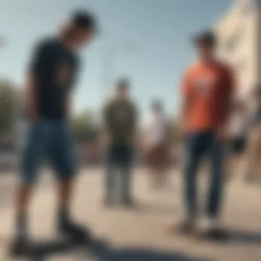 Group of skateboarders discussing the Nixon Regulus in a lively setting.