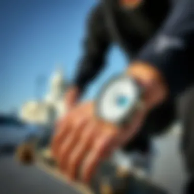 Skateboarder wearing a Nixon watch in action