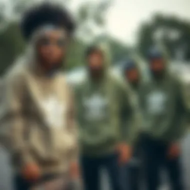 A group of skateboarders showcasing individuality in olive green Adidas hoodies