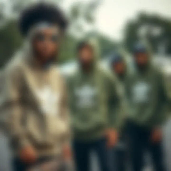 A group of skateboarders showcasing individuality in olive green Adidas hoodies