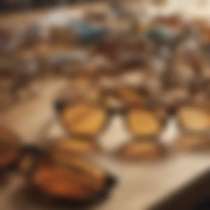 A stylish display of various oversize tortoise glasses arranged artistically on a table.