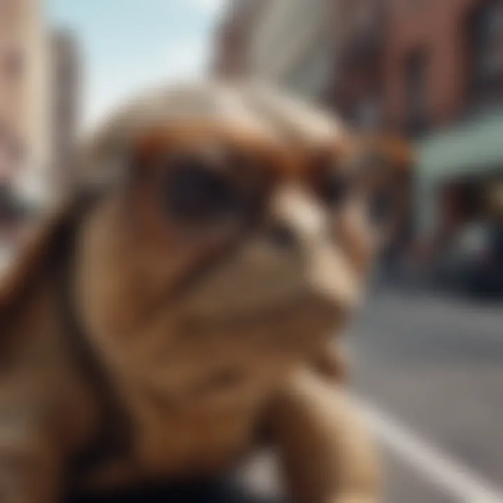 A fashionable individual wearing oversize tortoise glasses in an urban skateboarding environment.