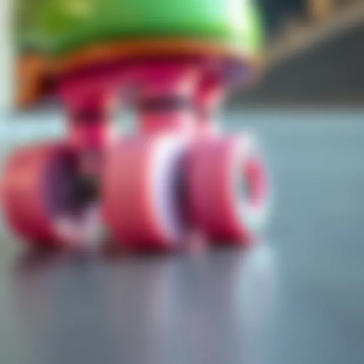 Close-up of pastel roller skate wheels gliding on smooth surface.