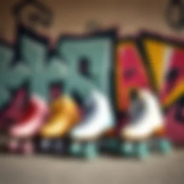 A group of pastel roller skates lined up against a graffiti wall.