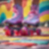 A vibrant pair of pastel roller skates on a colorful pavement.