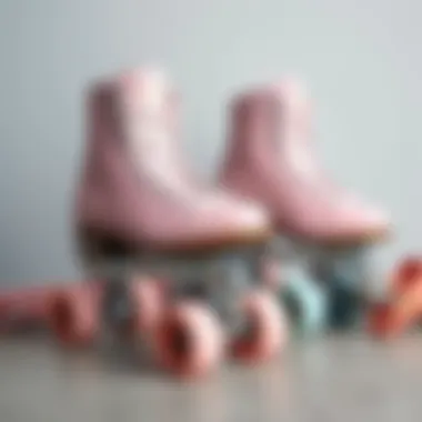 Aesthetic arrangement of pastel roller skates on a stylish backdrop.