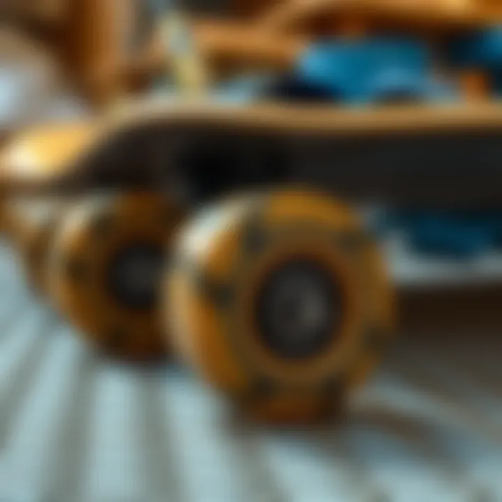 Close-up of penny board wheels and deck materials