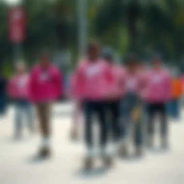 Group of skateboarders showcasing style with pink Nike sweatshirts