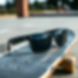 Stylish polarized Wayfarer sunglasses resting on a skateboard