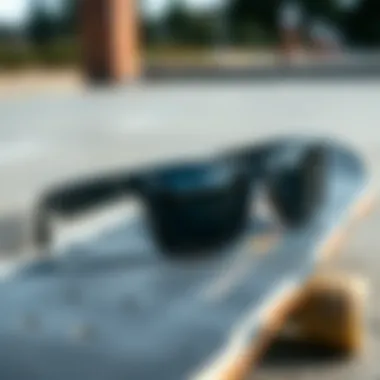 Stylish polarized Wayfarer sunglasses resting on a skateboard