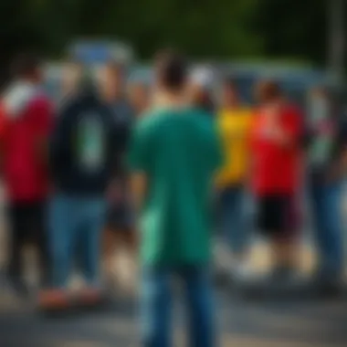 A group of skaters gathered, all wearing various styles of popular demand tees