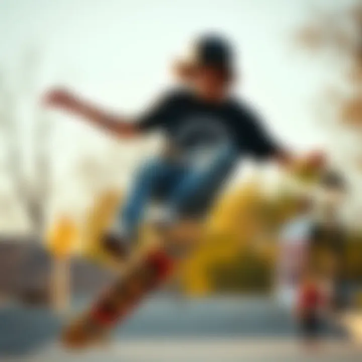 Skateboarder wearing a popular demand tee while performing a trick