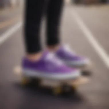 Purple Strap Vans showcased on a skateboard