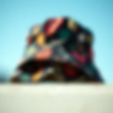 Close-up of a reversible bucket hat with unique patterns and textures