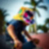 Reversible bucket hat in vibrant colors, showcasing a skateboarder in action