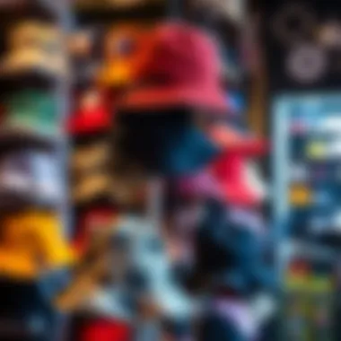 Collection of reversible bucket hats displayed in a trendy skate shop