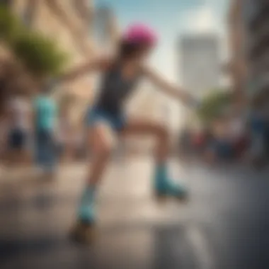 Dynamic action shot of roller skating using Rio Roller skates in a vibrant urban setting