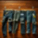 Trendy ripped jeans displayed on a wooden background