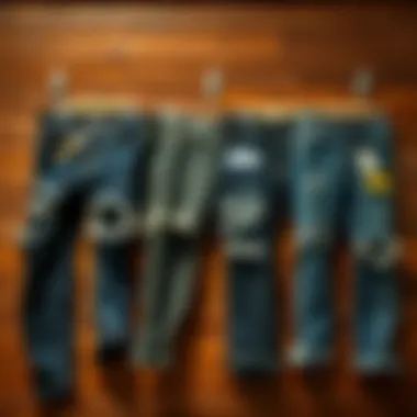 Trendy Ripped Jeans Collection Trendy ripped jeans displayed on a wooden background