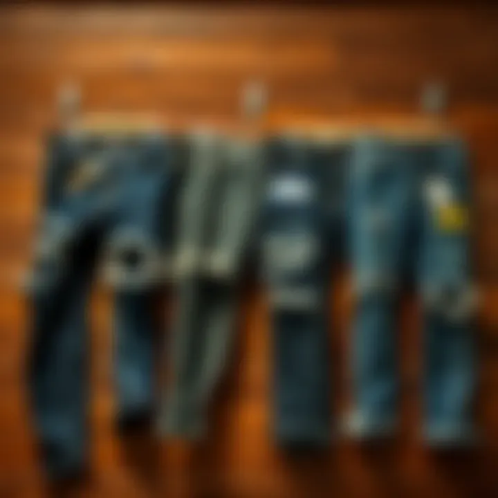 Trendy Ripped Jeans Collection Trendy ripped jeans displayed on a wooden background