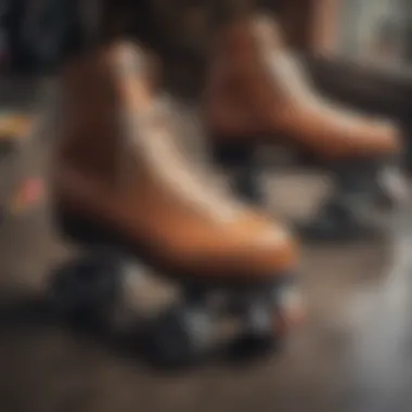 A well-maintained pair of roller skates with maintenance tools beside them