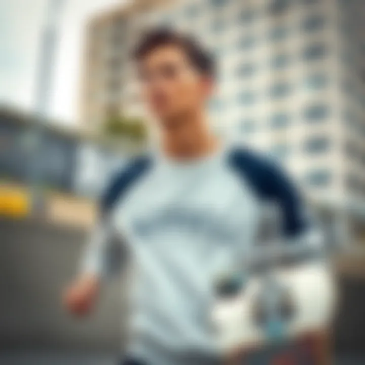 A skateboarder wearing the Russell Athletics crewneck in an urban setting.