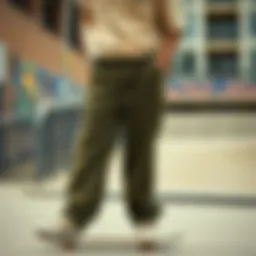 Sage corduroy pants showcased in an urban skate environment