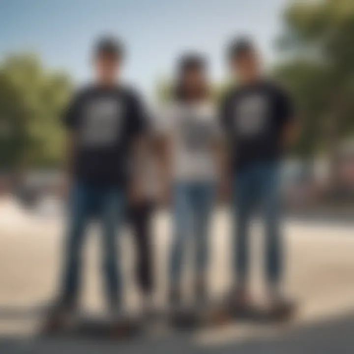 A group of skateboarders wearing scum t-shirts at a skate park