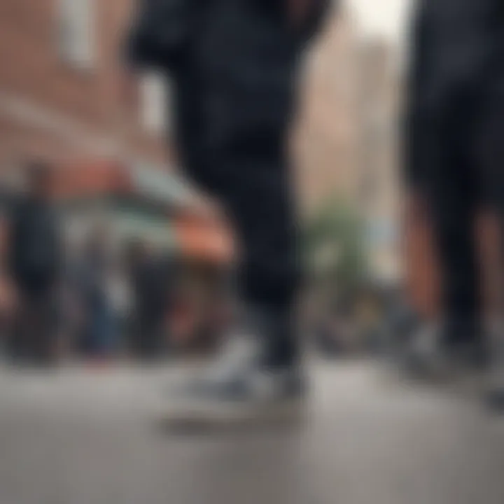 Group of skateboarders showcasing black Nike shoes with white soles