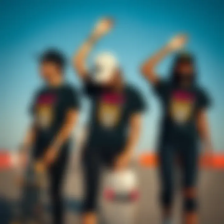 A group of female skateboarders wearing matching black graphic tees, celebrating their unity.