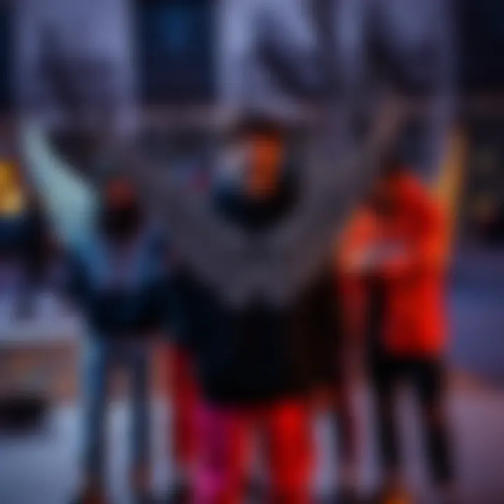 Group of friends showcasing angel wing hoodies at a skate park