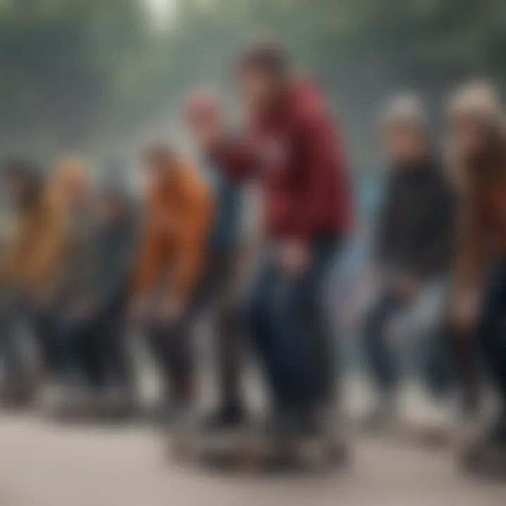 A group of skaters gathered at a skate park, all wearing different styles of Spit Fire beanies.