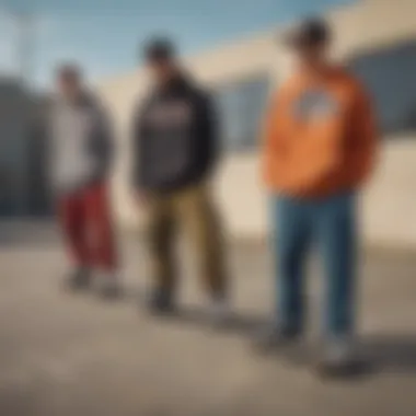 A group of skateboarders wearing baggy trackpants during a skate session