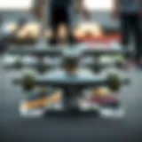 Close-up view of skateboard trucks mounted on an 8.0 deck