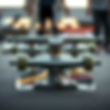 Close-up view of skateboard trucks mounted on an 8.0 deck