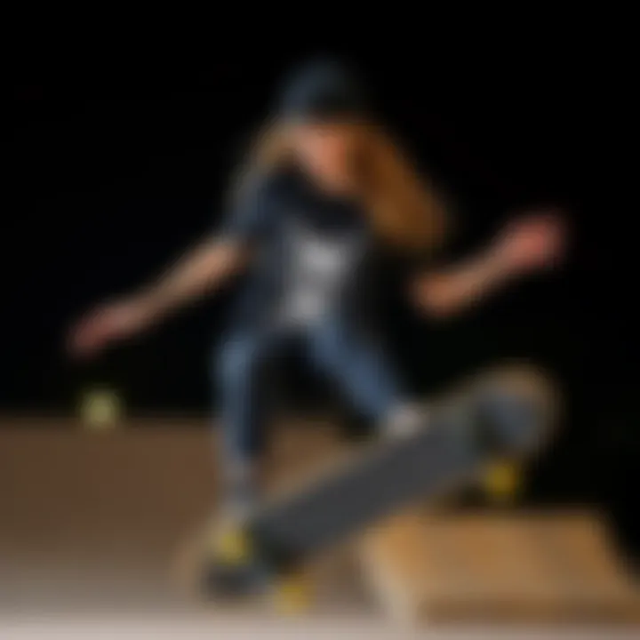 A female skateboarder showcasing her black graphic tee while performing a trick.
