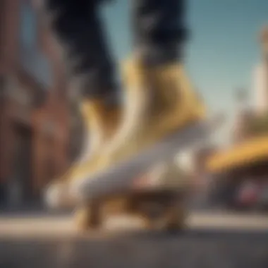 Stylish skateboarder showcasing gold high top Vans paired with skate gear