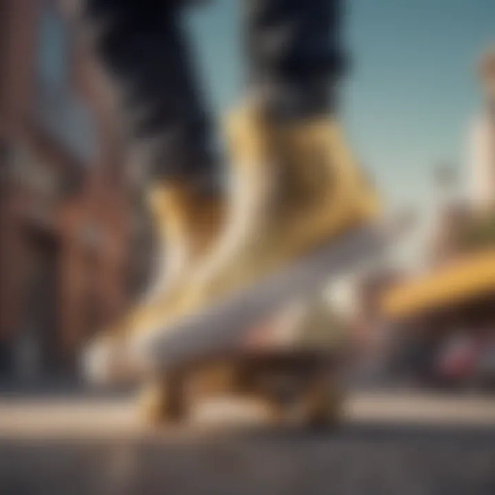 Stylish skateboarder showcasing gold high top Vans paired with skate gear