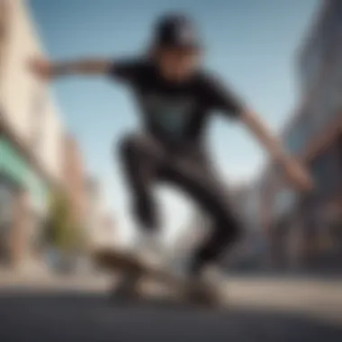 A close-up of a skateboarder wearing a unique graphic logo t-shirt while performing a trick.