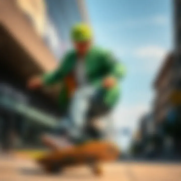 A skateboarder wearing a green bomber jacket in action